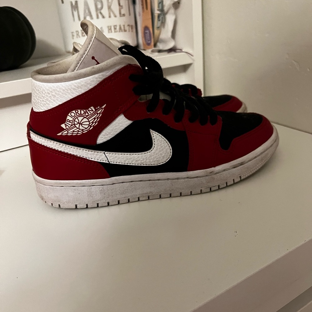 Air Jordans, red, white, and black